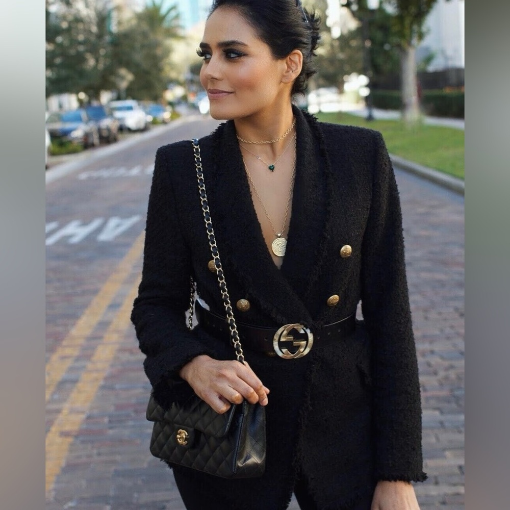 ZARA BLACK BLAZER TWEED WITH GOLD BUTTONS COAT JACKET